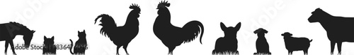 Silhouettes of various farm and domestic animals in a row, agriculture livestock graphic illustration, barnyard animal collection vector art design