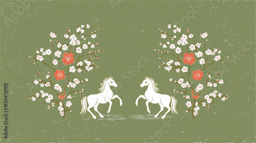 緑色の背景に向かい合う二頭の白い馬と梅の花を描いたレトロなイラスト generative ai