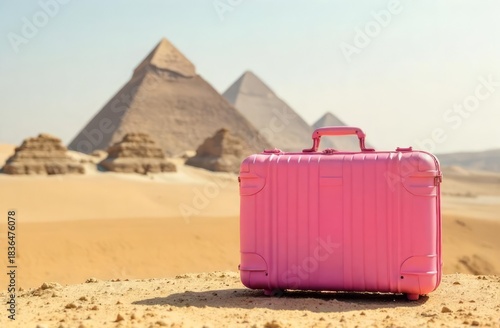 a pink suitcase against the backdrop of the Egyptian pyramids