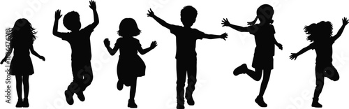 Silhouette group of joyful children jumping together, playful kids dancing and running outdoors, happy childhood activity, energetic youth movement scene