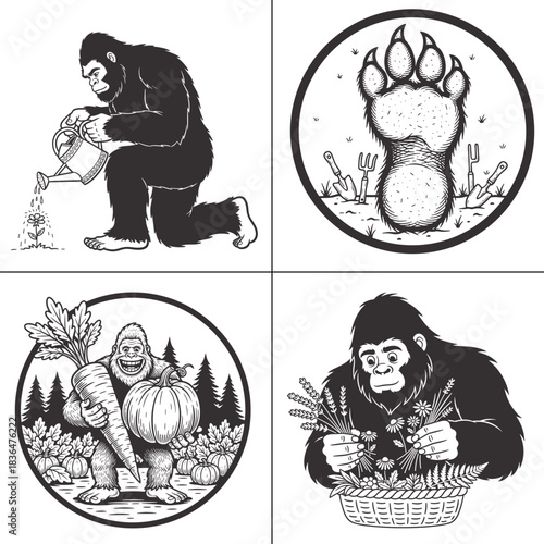 bigfoot gardening harvest cartoon set sasquatch eco farmer t shirt design