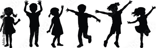 Silhouette children jumping and dancing together, playful happy kids celebrating outdoors, energetic youth movement illustration, joyful childhood activity scene