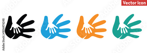 Colorful hand prints representing childhood support design,Charity icons set. Collection of hands, donations, hearts, unity and more. Vector illustration. Easily changes to any color.