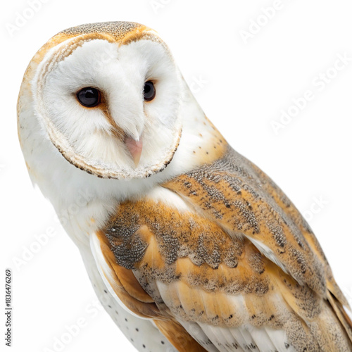 Barn Owl with Heart-Shaped Face Isolated on White Background

