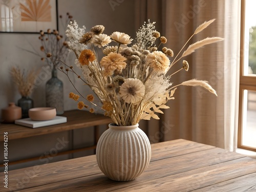 Vase with dried flowers; Room decor.