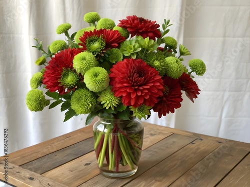 Red and green flowers in a glass vase on wooden table.