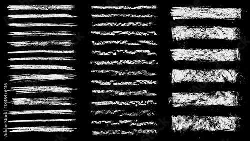 Textural Line Evolution: A Triptych of Horizontal Stroke Variations Showcasing Progressive Intensity, Texture, and Brightness Across Three Vertical Columns on a Black Background for Artistic 