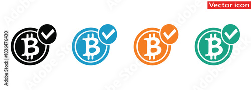 Bitcoin icons with check mark for approved crypto transactions,Crypto currency, bitcoin, bit coin logo. Bitcoin symbol. Flat design vector bitcoin icons, signs of modern crypto currency isolated