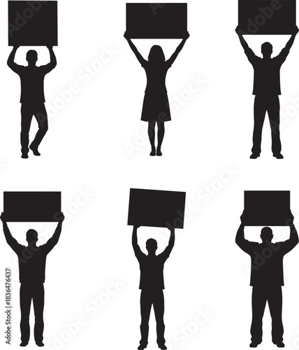 Silhouettes of people holding blank signs above their heads isolated on white