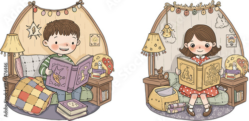 Happy Children Reading Story Books in Cozy Tent Nooks with Lights and Pillows