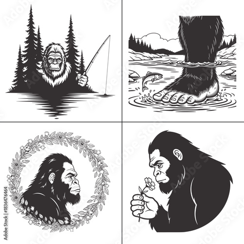 bigfoot forest fishing footprint floral wreath gentle sasquatch illustration