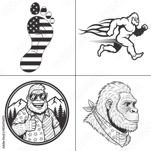 patriotic bigfoot american flag footprint and mascot cartoon set t shirt design