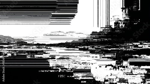 Abstract black and white landscape design with glitch effect and lines