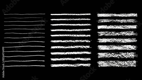 Textural Line Evolution: A Triptych of Horizontal Stroke Variations Showcasing Progressive Intensity, Texture, and Brightness Across Three Vertical Columns on a Black Background for Artistic 