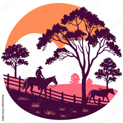 cowboy and horse herd behind wooden fence - grazing animals and rancher at sunset field with trees vector silhouette landscape