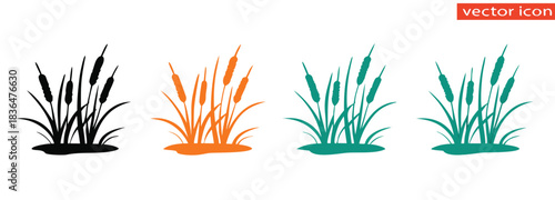 cattail icon set silhouette ,Vibrant cattails in various hues for nature-inspired designs,Grass Silhouette icon Set collection.