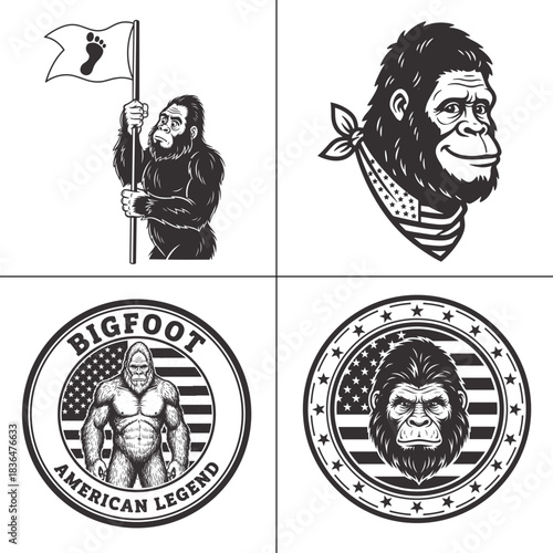 bigfoot american legend patriotic sasquatch flag badge logo set
