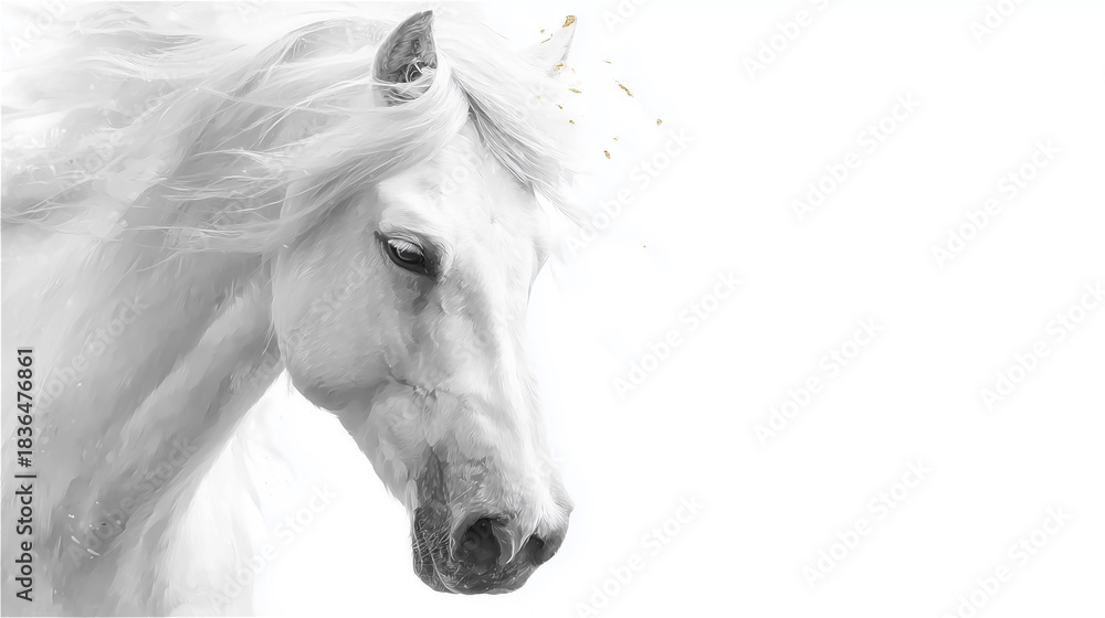 Naklejka premium 風になびくたてがみと舞い散る金箔が美しい白馬のポートレート generative ai