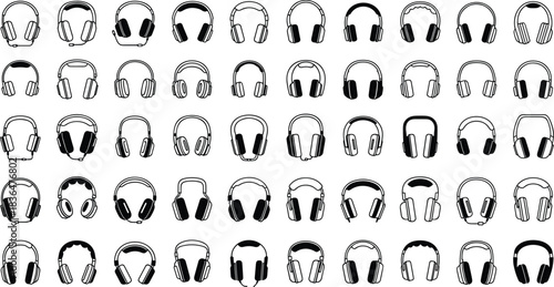 Collection of diverse black and white headphone icons in a grid layout headphones