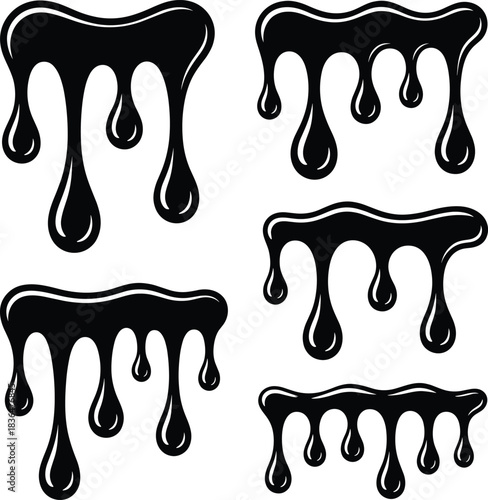 Black liquid drips and drops vector elements viscous
