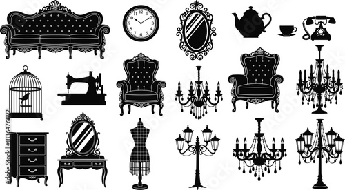Collection of vintage furniture and decorative objects silhouettes sofa armchair