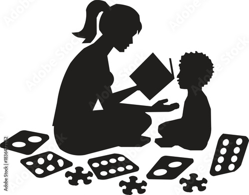 Mother teaching child silhouette with educational puzzle pieces. Early learning, autism therapy and child development concept for parenting, special education and awareness materials.