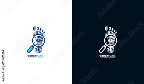 Footprint search logo, footprint finder icon. Footprint and magnifying glass symbol. Template design illustration