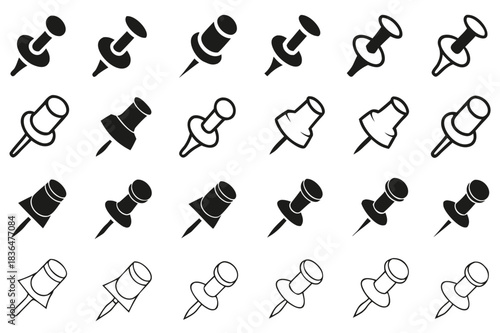 Collection of Black and White Push Pin Icons Perfect for Office Supplies Stationary Design Projects