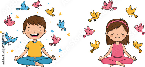 Happy, Peaceful Children Practicing Meditation and Serenity with Colorful Birds Surrounding Them