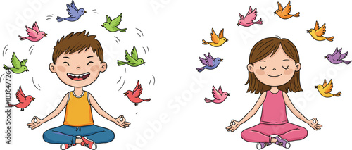 Happy, Serene Children Practicing Mindfulness and Meditation with Colorful Flying Birds Around Them