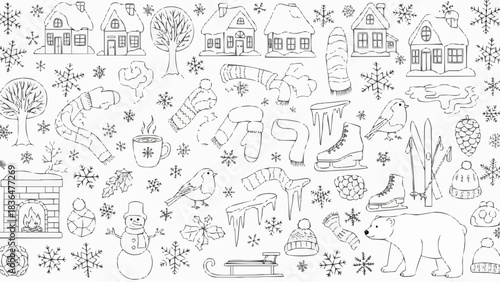 Winter wonderland scene with houses, snowflakes, and various winter elements.