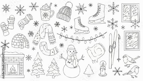 Winter Doodles Collection Hand Drawn Set of Seasonal Elements and Objects.