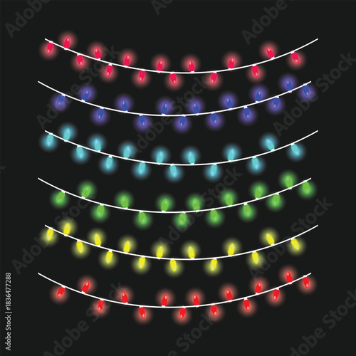 Realistic glowing colorful hanging christmas lights set in seamless pattern on black background vector design