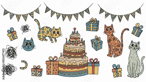 Cute Cats Celebrating Birthday With Cake and Gifts.