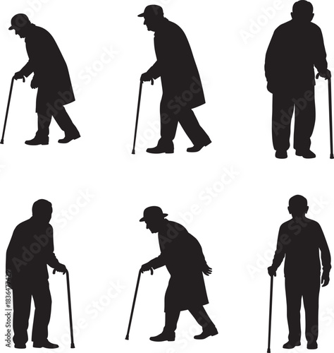 Silhouettes of elderly people walking with canes in various poses