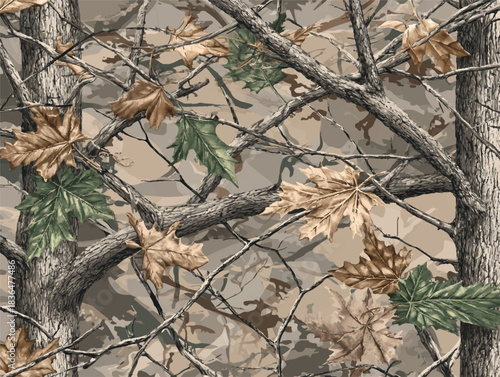 Camouflage seamless pattern. Forest real tree camouflage design. Hunting camouflage. Vector camouflage background