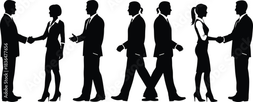 Business silhouette handshake and walking poses, professional interaction gesture, corporate attire figure reference, workplace posture illustration art