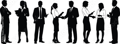 Business silhouette interaction poses, professional gesture art, corporate attire figure reference, workplace communication posture, networking illustration set
