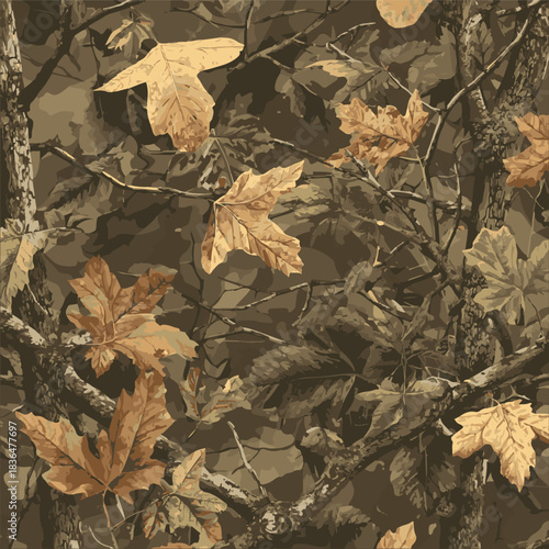 Realistic hunting camouflage seamless pattern design. Forest barks, stems, leaves camouflage background. Vector camouflage for hunting and military