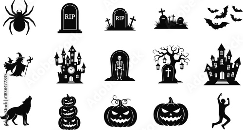 Halloween black silhouette icons including spider bats haunted castle pumpkin graveyard witch skeleton wolf
