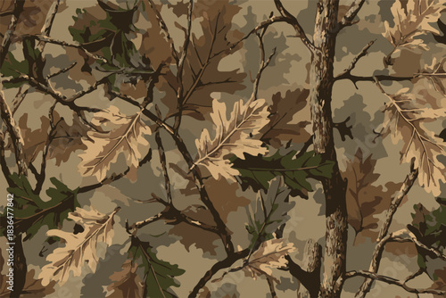 A seamless pattern of camouflage with tree branches, a camouflage design for hunting and outdoor activities. Forest real tree camouflage design.