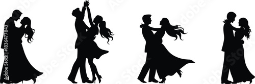 Dancing couple silhouette, romantic pose, ballroom movement, elegant gesture, black icon, dance partner, rhythm motion, vector style, graceful form