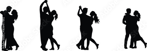 Dancing couple silhouette, ballroom pose, romantic movement, elegant gesture, black icon, dance partner, rhythm motion, vector style, graceful form