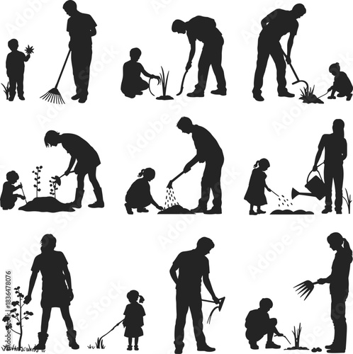 Gardening silhouette, family activity, children planting, teamwork outdoors, environmental care, nature bonding, seasonal work, parent child garden, nurturing plants, education