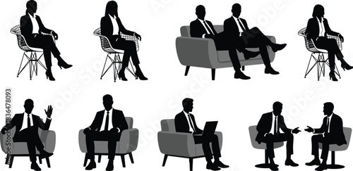 Silhouettes of business people in suits sitting in chairs and on sofas women