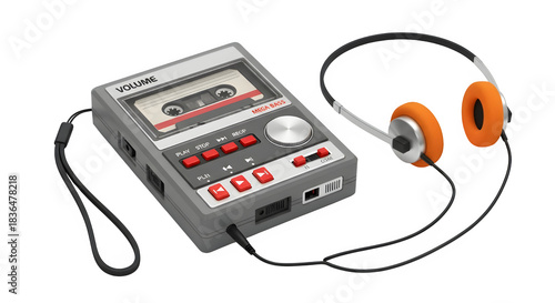 Vintage portable cassette tape recorder player with orange headphones isolated on transparent background