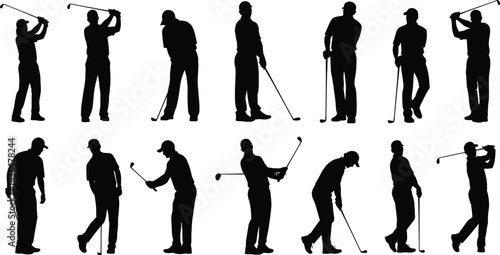 Golf silhouette poses collection, swing technique reference, sports action figure, club stance study, athletic motion art for training visuals