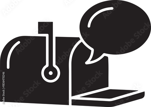 Black silhouette of a mailbox with a speech bubble icon communication message