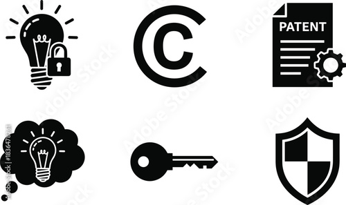 Intellectual property icon collection, patent law and copyright protection symbols, creative idea security vector, business innovation trademarks, legal shield and key signs.