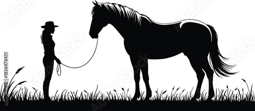 Horse handler silhouette, rural bond, equestrian moment, black icon, lead rope, grass scene, animal connection, vector style, farm life